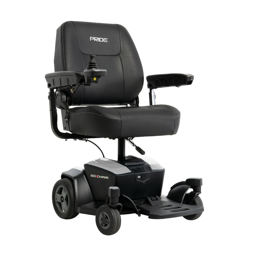 The Pride Mobility Go Chair® Portable Powerchair is a black, motorized wheelchair with armrests, right-side joystick control, cushioned seat and backrest, and four wheels for enhanced agility and mobility.